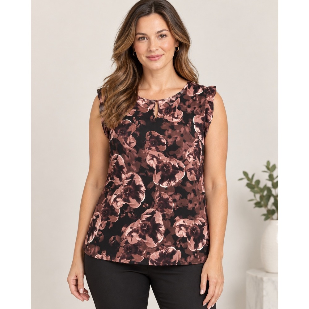Reiss Dark Floral Sleeveless Blouse Brown Black Ruffle Cap Sleeve Top USA 8
